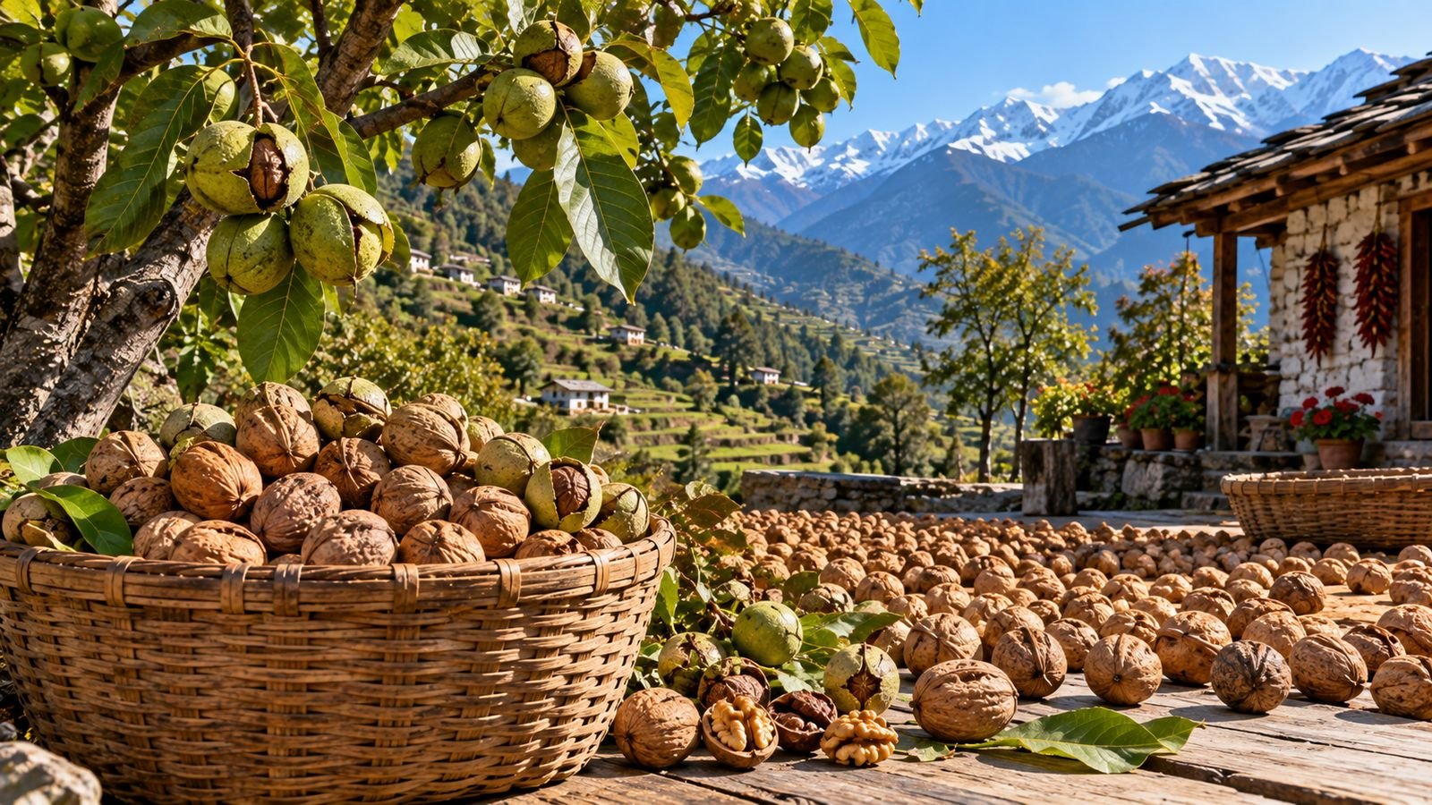 Traditional Uttarakhand walnuts drying in mountain sunlight