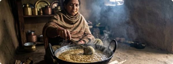 गहत का फाणू बनाती पहाड़ी महिला
