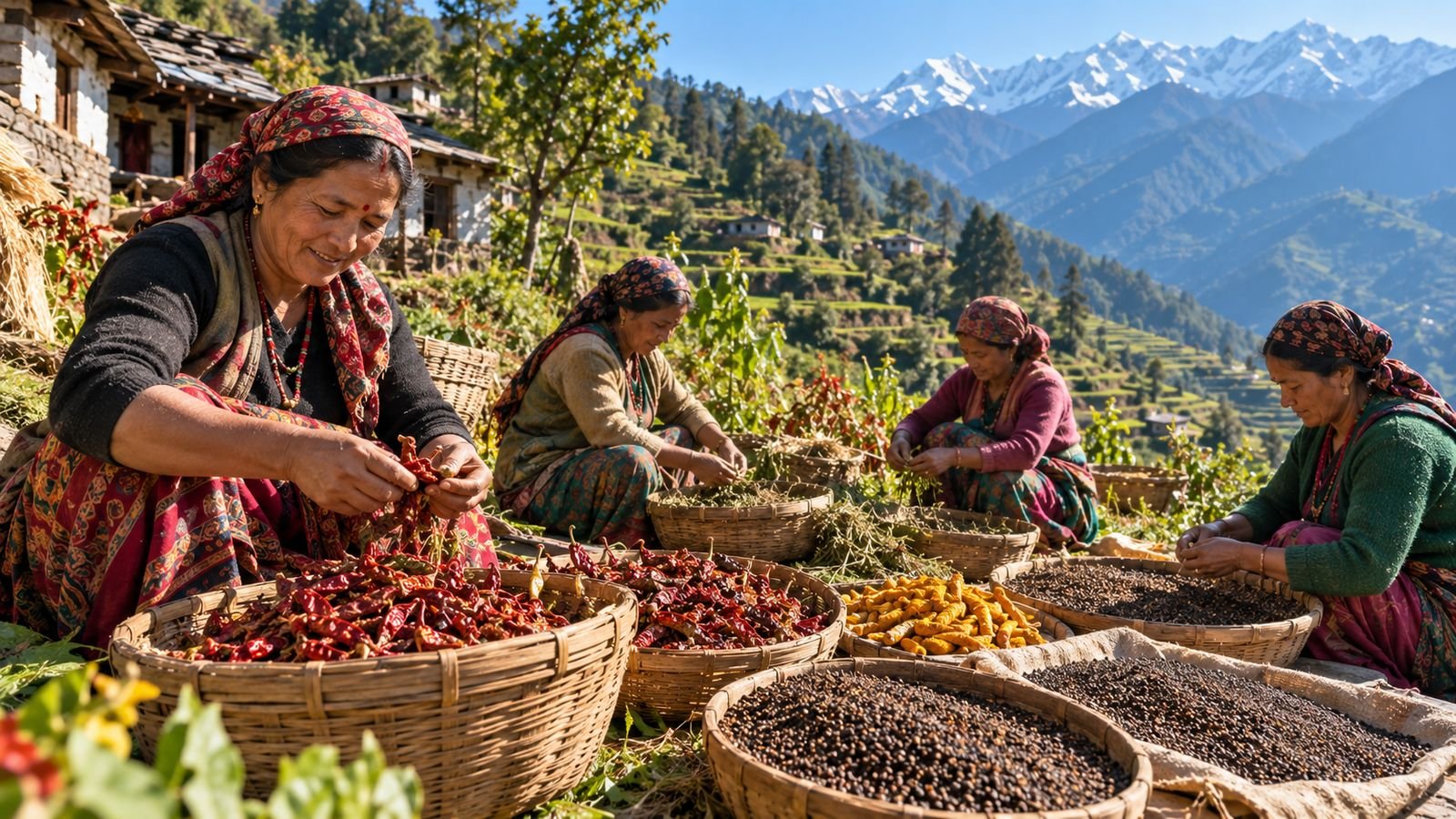 Women in an Uttarakhand village sorting red chillies, turmeric and spices in cane baskets